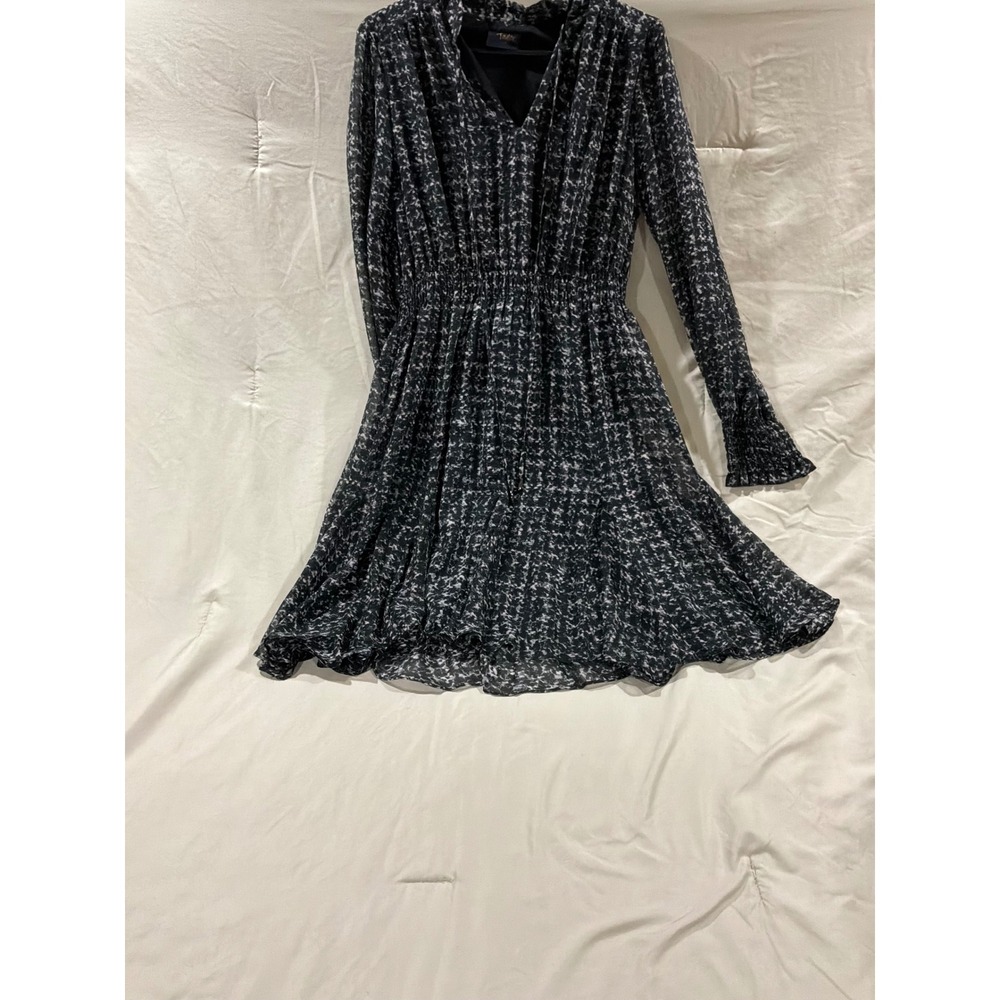 Taylor Womens Black White Houndstooth Pleated V-Neck Fit Flare Dress Size M